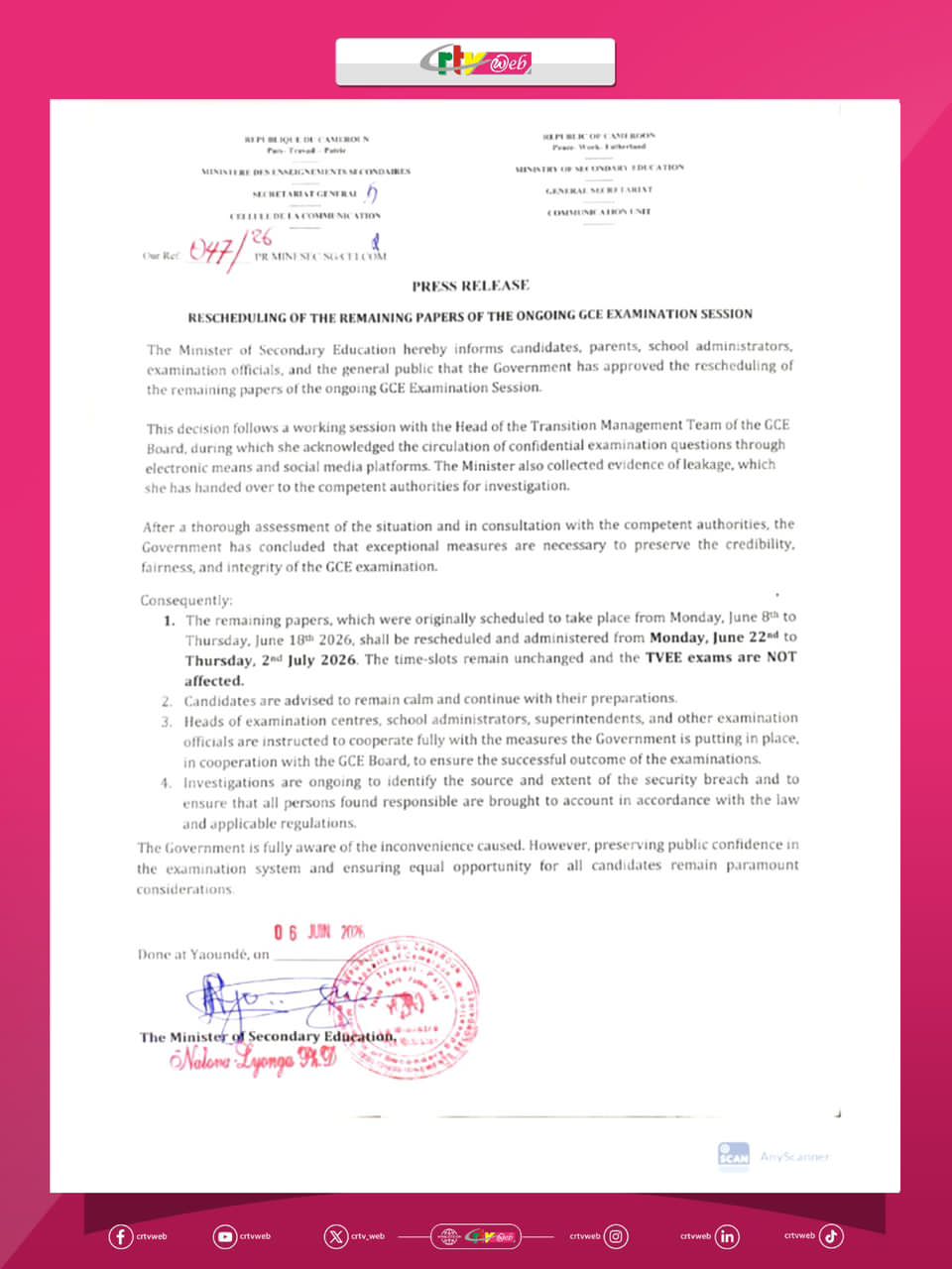 GCE Examination 2026 session rescheduled
